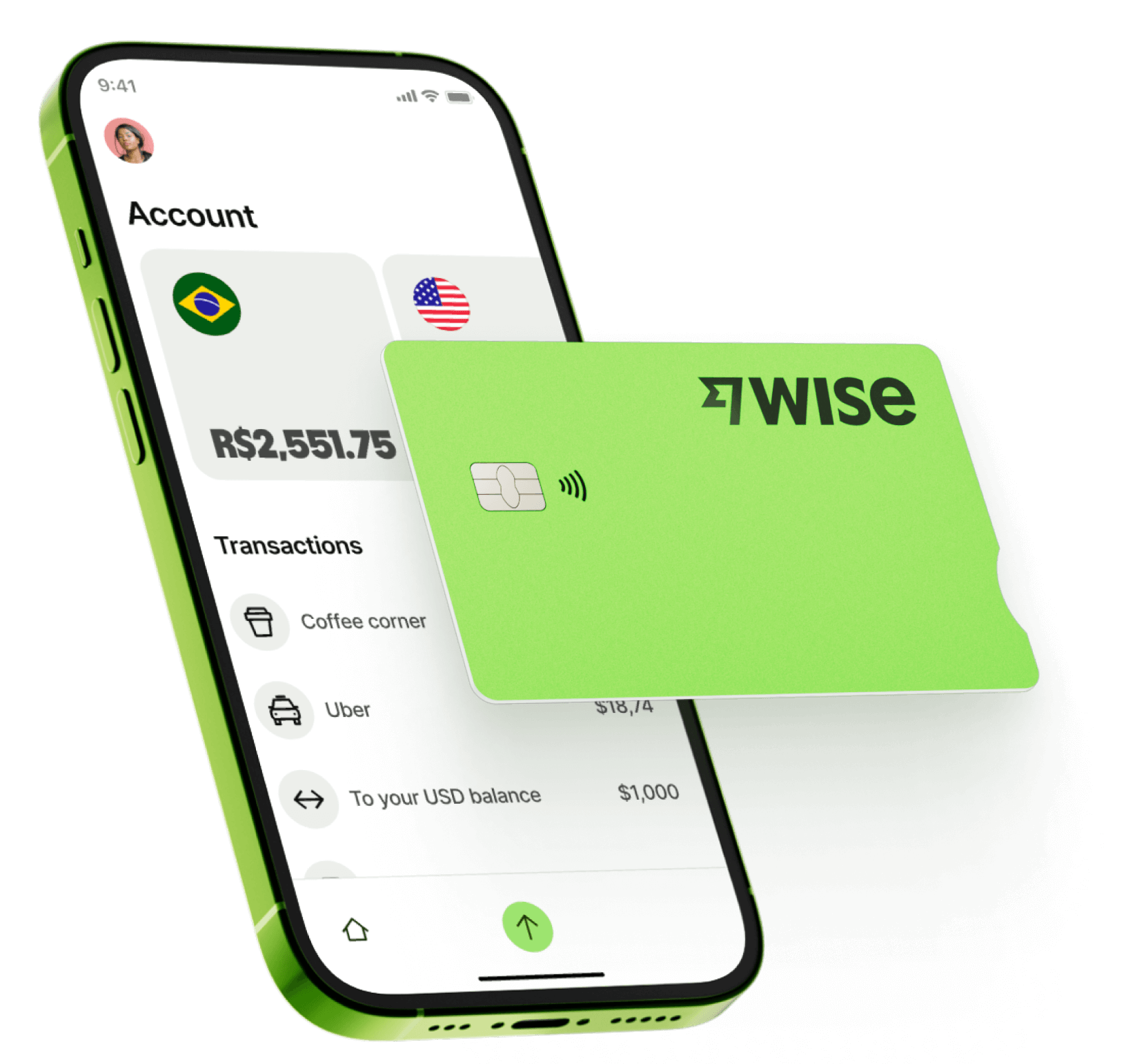 Aplicativo da Wise em um celular junto com o cartão da Wise